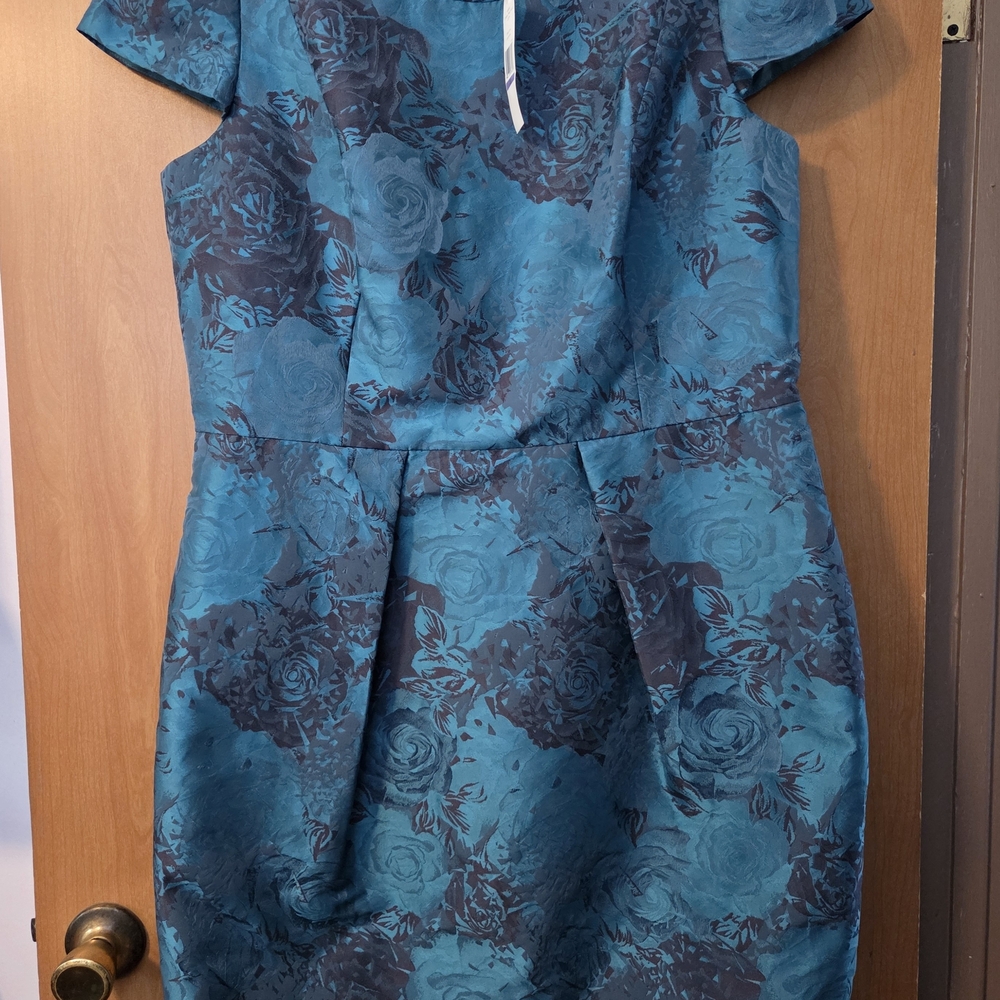 CARMEN MARC VALVO Teal Floral Jacquard Midi Dress Size 18 - Picture 2 of 11